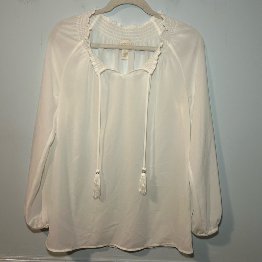Chico’s White Peasant Tassel Long Sleeve Blouse Size Small